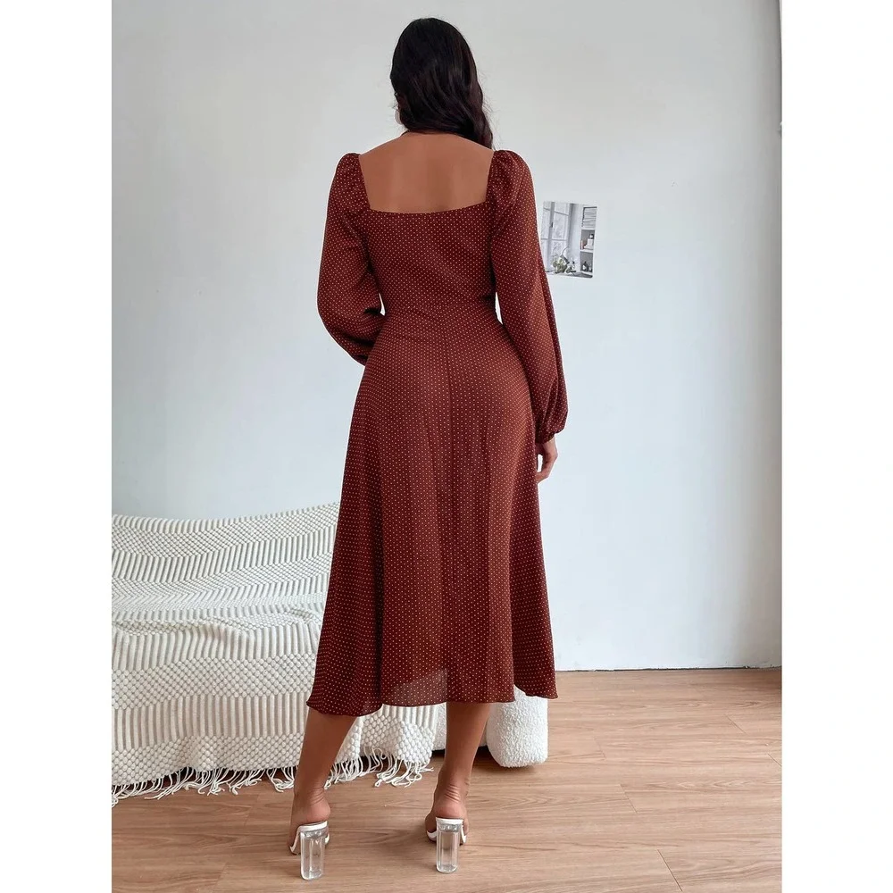 Polka Dot Print Knot Front Lantern long sleeve midi Dress rust brown - Picture 3 of 8